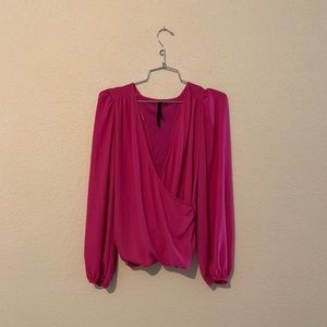 Pink Long Sleeve Faux Wrap Blouse